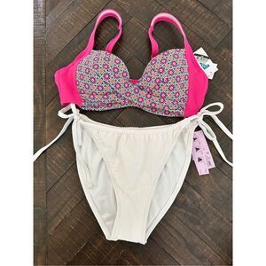 Lands End Pink White and Orange Bikini Top Size 4 Wild Fable Bottoms Size Medium